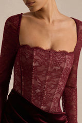 Finesse | Burgundy Lace And Velvet Square-Neck Maxi Dress With Draped Skirt