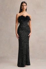 Daze | Black Sequin Bandeau Maxi Dress With Feather-Trim