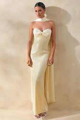 Stephanie | Lemon Sequin Bandeau Maxi Dress With Scarf