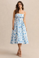 Devina | Blue Porcelain Print Square-Neck Belted Midi-Dress