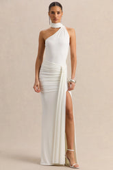 Eowyn | White Ruched Maxi Skirt With Front Split