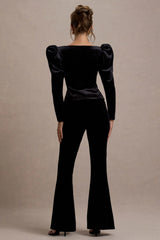 Suzu | Black Velvet Puff-Sleeve Top With Bows