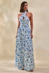 Liana | Blue Porcelain Print Halter-Neck Maxi Dress