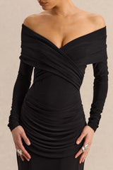 Kaelis | Black Bardot-Neck Thong Bodysuit With Long-Sleeves