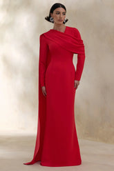 Heliora | Red V-Neck Maxi Dress With Sash And Draped-Detail