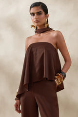 Evandra | Brown Satin Bandeau Top With Scarf