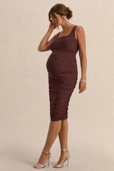 Lisbon | Brown Maternity Square Neck Ruched Midi Dress
