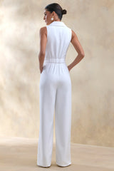 Brillora | White Plunge-Neck Tailored Jumpsuit