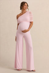 Mariska | Light Pink Asymmetric-Neck Maternity Jumpsuit With Sash Detail