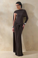 Trisara | Brown Asymmetric-Neck Maxi Dress With Gathered-Detailing And Sash