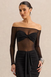 Maira | Black Mesh Bardot-Neck Thong Bodysuit