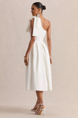 Meria | White Asymmetric-Neck Midi Dress With Bow-Sleeve