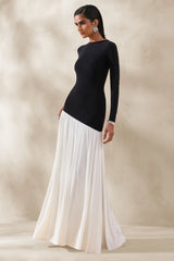 Jasira | Black & White Crew-Neck Maxi Dress With Asymmetric Drop-Waist