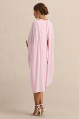 Arwen | Light Pink Round-Neck Maternity Midi Dress With Cape Detail