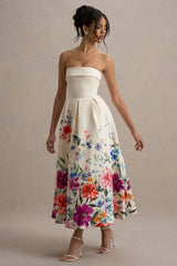 Annalise | Light Pink Floral Print Bandeau Skater Midi Dress