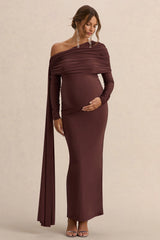 Cyra | Brown Asymmetric-Neck Maternity Maxi Dress With Sash