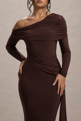 Valina | Brown Ruched Asymmetric Maxi Dress With Drape
