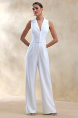 Brillora | White Plunge-Neck Tailored Jumpsuit