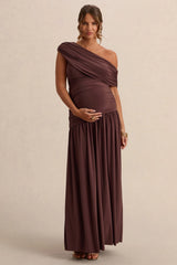 Marjorie | Dark Brown Asymmetric-Neck Maternity Maxi Dress