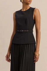 Karienne | Black Round-Neck Top With Belted-Detail