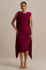 Wanderer | Burgundy Crew-Neck Midi Dress With Draped and Ruched Detailing