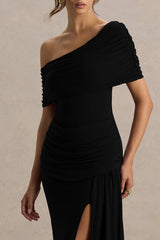 Dynasty | Black Asymmetric-Neck Maxi Dress With Ruched Detailing And Front High-Split