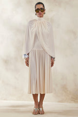 Honora | Cream High-Neck Midi Dress With Cape-Sleeves