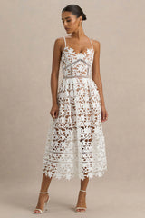 Zuri | White Lace Sweetheart Midi Dress With Cami Straps
