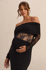 Artemisia | Black Bardot-Neck Maternity Maxi Dress With Lace Detailing