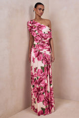 Emberly | Pink Hibiscus Floral Print Asymmetric Neck Maxi Dress With Drop Waist