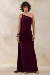 Bettine | Burgundy Asymmetric-Neck Maxi Dress With Cape-Sleeve