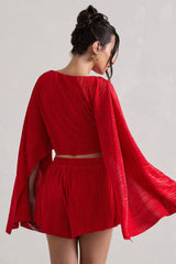 Flare | Red Plisse Cape Sleeve Crop Top