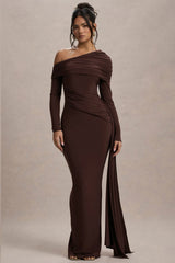 Valina | Brown Ruched Asymmetric Maxi Dress With Drape