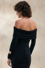 Drina | Black Bardot Neck Thong Bodysuit With Ruched Long Sleeves