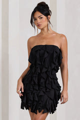 It Girl | Black Bandeau Bodycon Mini Dress With Ruffles